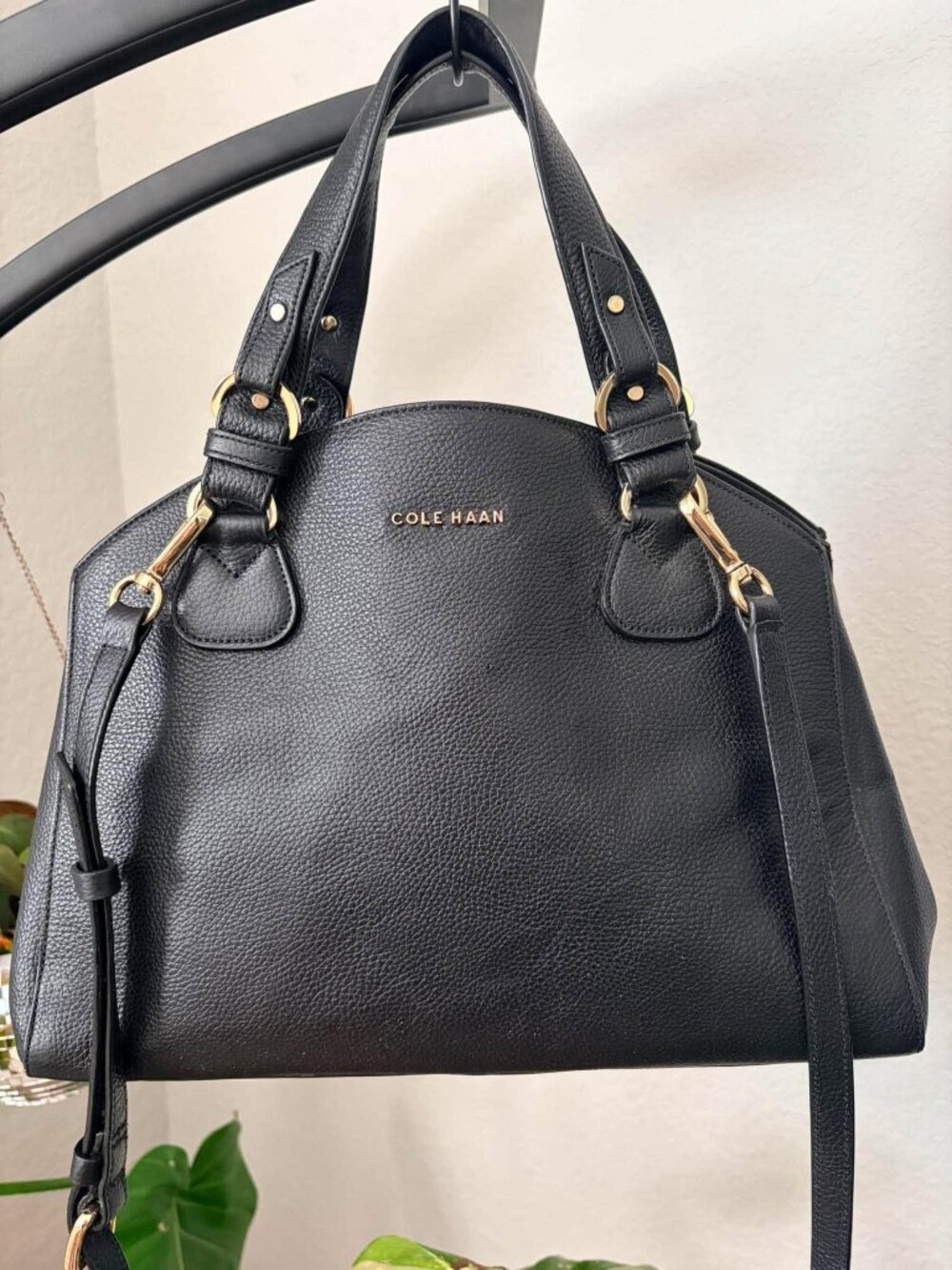 Cole Haan Black Pebbled Leather Grand Ambition Satchel Crossbody Tote Gold Hardw - Picture 2 of 7
